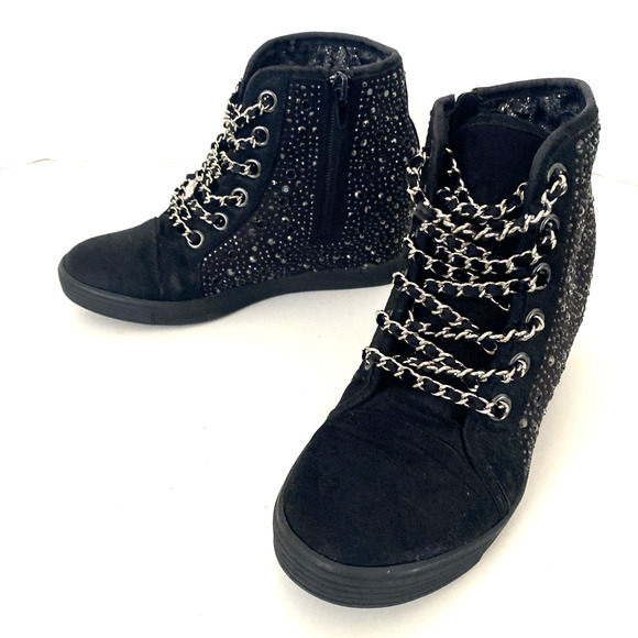 Stuart Weitzman Vance 15 Hidden Wedge Sneaker Kids Girl 4 Black Silver Chain - Picture 8 of 11